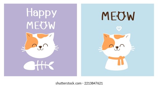 Cat cartoons, fishbone, hand drawn heart with hand written font on purple and blue background vector illustration.