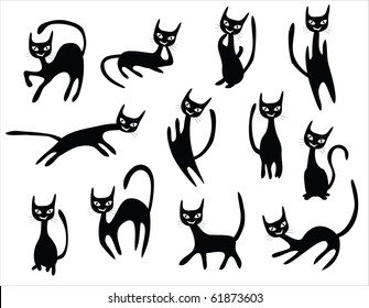 cat cartoons set, black cats with different postures.