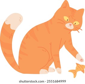 Cat catch fish. Color pet sitting icon isolated on white background