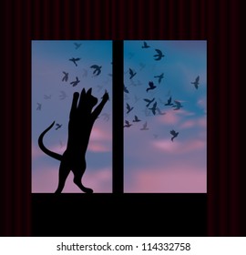 Cat catches a bird behind the window / View from the window at the sky