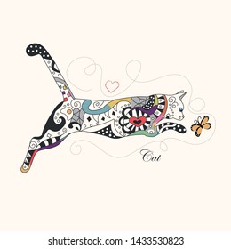 The cat catches a butterfly. Vector illustration. Curls and doodles. T-shirt design, postcards, wall sticker