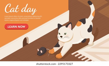 El gato atrapa al ratón. Gatito blanco multicolor en casa con presa, pequeño depredador con juguete. Diseño de página de aterrizaje, afiche o banner. Otoño, día del gato. Ilustración vectorial isométrica de dibujos animados