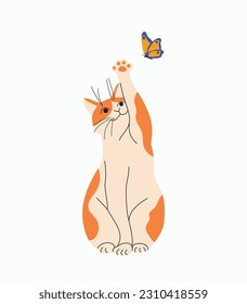 Cat catching a butterfly isolated. Vector flat style illustration