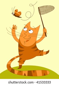 Cat catching butterfly - vector