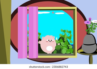 Cat catching dragonflies by the window