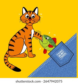cat catching fish , Animal Cartoon, Flat Vector Illustration