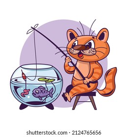 Cat catching fish from aquarium with bait. Illustration with cartoon animal.