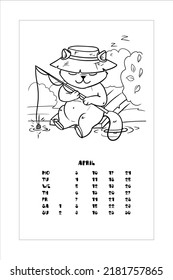 The cat is catching fish. The kitten fell asleep while fishing. Coloring book for children. Vector illustration isolated on white background. Calendar, April.