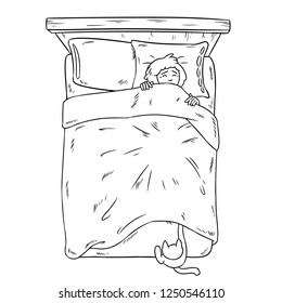 Cat catching legs under the blanket. Girl sleeping peacefully in her bed with her cat. Top view.