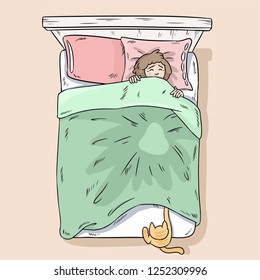 Cat catching legs under the blanket. Girl wakes up because of her cat. Top view.