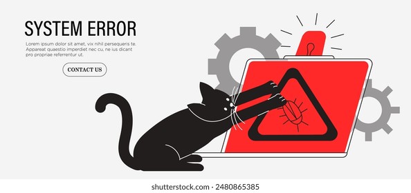 Cat catching, searching, looking for bugs, errors in program. System breakdown vector illustration. Tester or system administrator in quality assurance or security department. Software testing concept