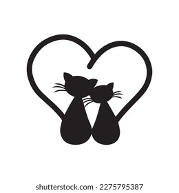 cat, cats. Love. heart. flat black and white icon. vector simple illustration. cute animals. romance