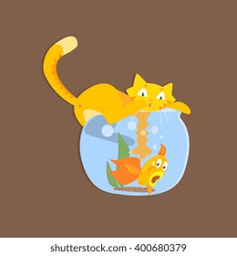 Cat Catshing Fish In Aquarium Funny Flat Vector Illustration In Creative Applique Style 