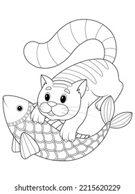 Cat caught a fish, isolated picture. Black line, white background. Vector coloring book.