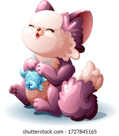 El gato atrapó un pez. Ilustración vectorial.