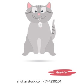 Cat caught the mouse by the tail color flat illustration