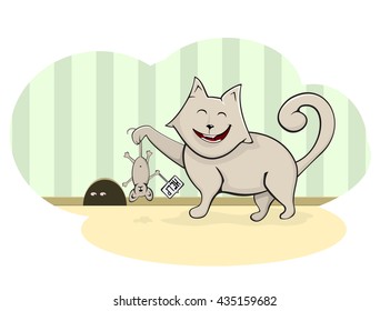 Cat caught mouse, happy fat cat caught a mouse near the mink, the mouse asks for help, illustration.