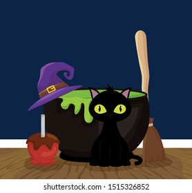 cat cauldron candy apple hat broom trick or treat happy halloween vector illustration