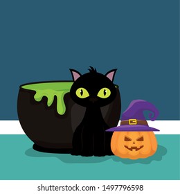 cat cauldron pumpkin trick or treat - happy halloween party vector illustration