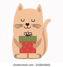 cat celebrates the New Year, a New Year's illustration with a cat with a gift, a cat in a knitted hat