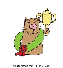 The cat celebrates the victory with a wreath and a Cup.Vector children's design for greeting cards, banners.