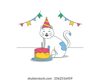 Cat celebrating birthday with decoration. Wearing hat and cake. Character design. Vector flat illustration