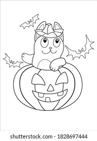 El gato está celebrando Halloween - ilustración lineal vectorial para colorear. Colorear la página con un gato mirando a una calabaza y murciélagos de Halloween. Un gatito lindo. Esquema.