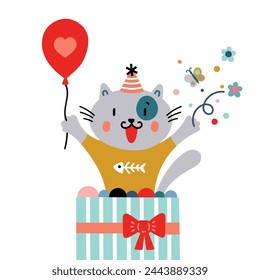 Сute cat is celebrating his birthday. Vector illustration on a transparent background.