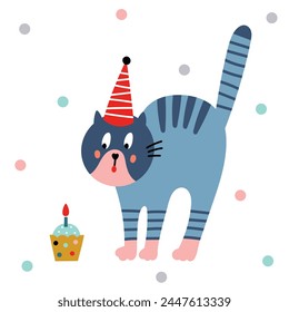 Сute cat is celebrating his birthday. Vector kids illustration. 