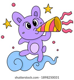a cat celebrating a party blowing a trumpet, doodle draw. vector illustration art