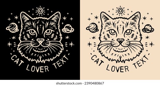 Cat and celestial galaxy elements. Spiritual girl and mystical occult cat lover concept. Enlightened, mystic and witchy kitten portrait drawing. Vector with text space for logo and t-shirt design.