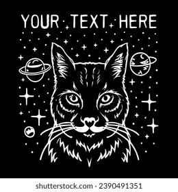 Cat and celestial galaxy elements. Spiritual girl and mystical occult cat lover concept. Enlightened, mystic and witchy kitten portrait drawing. Vector with text space for logo and t-shirt design.