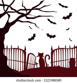 cat in the cemetery happy halloween celebration design vector illustration