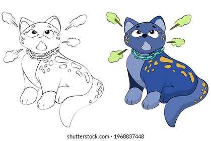 A cat with a chain around his neck. Cute flat vector illustrations in children's cartoon style. A funny character. Isolated on white background