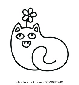Cat with chamomile  on the head. Funny simple kitty illustration. Summer cat with flower. Isolated vector black and white silhouette