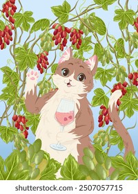 Gato, champán, uvas, hojas tarjeta de felicitación. Postal de Vector con lindo gato de dibujos animados bebiendo vino espumoso. Fondo verde. Diseño de impresión. Elementos sin cortar. Máscara de recorte.