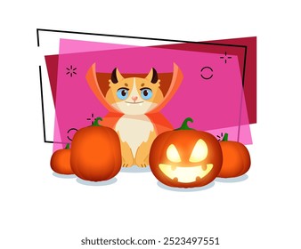 Cat character in cape with scary pumpkin lantern vector illustration. Squashes on abstract background. Halloween holiday, pet, party, magic concept. Can be used for banner or invitation design