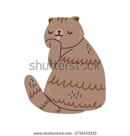 Cat character cleaning fur licking paw. Vector in flat style, isolated cute kitten personage with furry coat, sitting gracefully and confidently. Feline animal with calm and relaxed muzzle expression