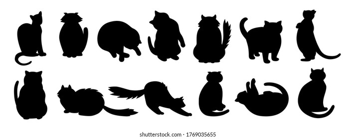 Cat character collection. Black flat cartoon silhouette set. Different kitty breeds, pet characters. Funny cats sitting, sleeping. Different stripes spots. Hand drawn isolated vector illustration