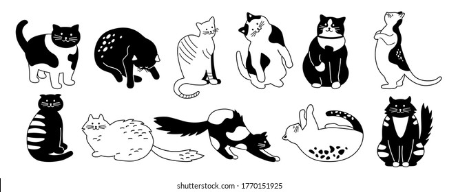 Cat character collection. Bundle cute flat cartoon design pet set. Different kitty breeds. Funny cats sitting, sleeping. Monochrome hand drawn animals contour lines. Isolated vector illustration