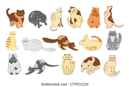 Cat character collection. Sketch cute flat cartoon design pet set. Different kitty breeds. Funny cats sitting, sleeping. Hand drawn animals contour lines. Isolated vector illustration