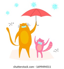 cat character covers kitten in medical mask with umbrella to protect from virus cells falling down from sky. Color flat hand drawn vector character illustration.