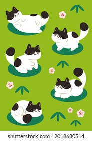 personaje de gato, juego de gatos de vaca, gato regordete, mascota animal de gato con muchos gansos, gitano jugando. ilustración de vector de color en estilo plano.