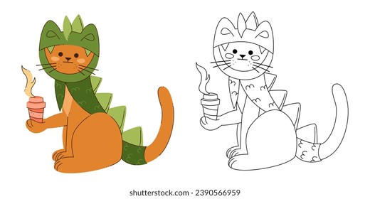 A cat character in a dragon costume with a glass of coffee to go. Color, black and white vector illustration.