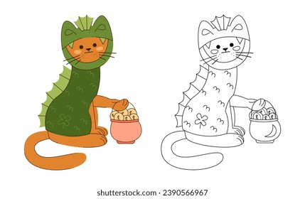A cat character in a dragon costume with pot with dollar coins. Color, black and white vector illustration.