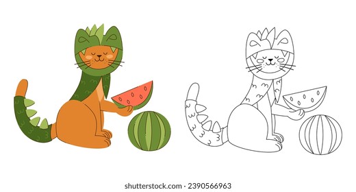 A cat character in a dragon costume with a slice of watermelon. Color, black and white vector illustration.