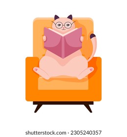 Cat character in glasses study flat. Cat sits on a armchair and reads a book. Vector illustration isolated on a white background.