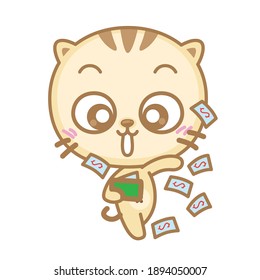 Cat character, Happy to pay Money, Vector design. Children illustration for School books and more. Animal print.