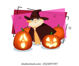 Cat character in hat and mantle among scary pumpkin lanterns vector illustration on abstract background. Halloween, pet, magic concept. Can be used for banner, poster or invitation design