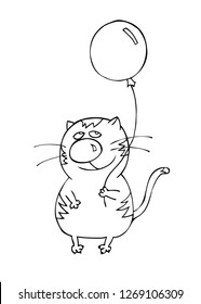 Cat character holding a balloon. Line drawing template